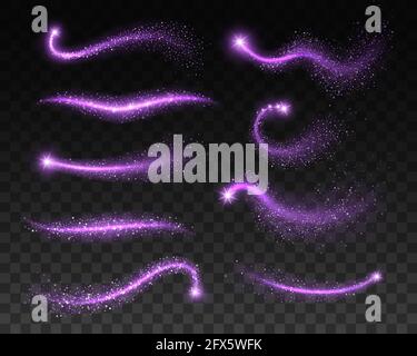 Magic purple sparks, glitters and space stardust, vector light sparkles and glow shine. Purple bokeh waves with neon sparkles effect, flare swirls wit Stock Vector