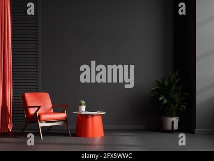 Living room interior wall mockup in black tones with red leather armchair on dark wall background.3d rendering Stock Photo