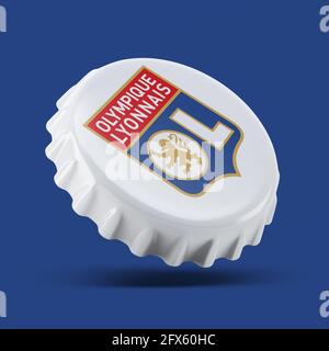 Madrid , SPAIN - May 25, 2021: Olympique Lyonnais FC 3D render realistic bottle cap logo on white, illustrative editorial Stock Photo