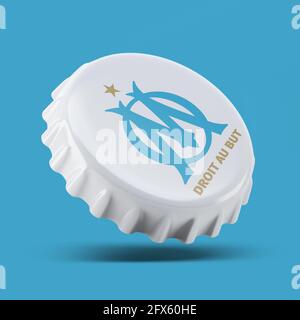 Madrid , SPAIN - May 25, 2021: Olympique Marseille FC 3D render realistic bottle cap logo on white, illustrative editorial Stock Photo