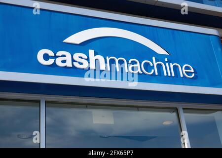 A Cash Machine sign outside of a local credit union. Pitt Meadows, B. C., Canada. Stock Photo