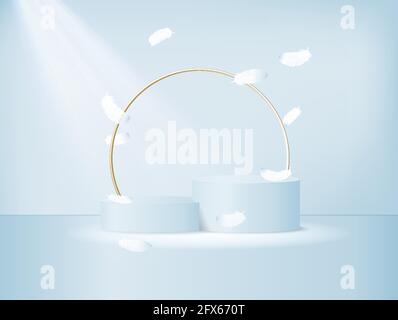 Blank product stand with neon lights on pastel blue and white background. 3d rendering Stock Vector