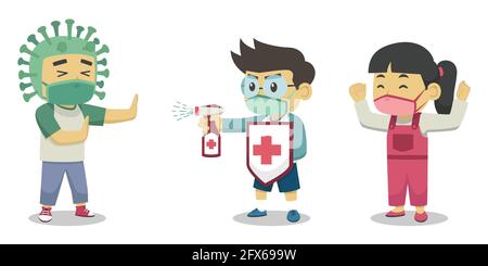 Boys and Girls Character Wearing Face Mask Fighting Coronavirus During Covid-19 Pandemic. Children Book. Vector Illustration Stock Vector