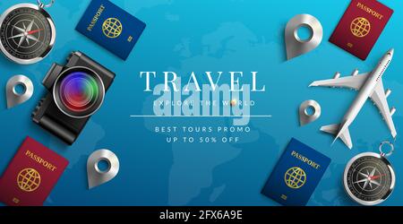 Travel vector background design. Travel explore the world text in 50% off promo discount with travelling elements like passport and airplane. Stock Vector