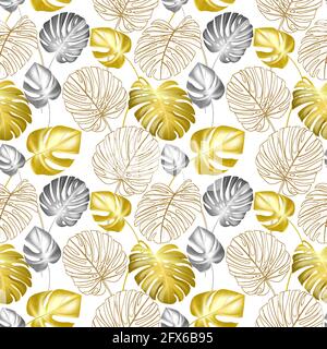 Vector background with monstera plant. Image of golden, grey and white leaves. Tropics, island, nature. Seamless pattern. Stock Vector