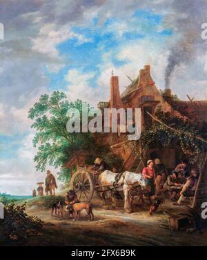 Farm inn with a horse and cart near a manger. On the right, a party is served outside around a table by the landlady. In the foreground is a boy with Stock Photo