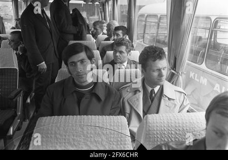 Legia-Warschau's team arrives at Schiphol airport: in the bus (l.) Deyna, (m.) Brychzcy, (r.) Bernard Blaut, April 13, 1970, sports, soccer, The Netherlands, 20th century press agency photo, news to remember, documentary, historic photography 1945-1990, visual stories, human history of the Twentieth Century, capturing moments in time Stock Photo