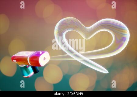 3d illustration. Shooting heart Bubbles shape from Bubble  Gun Stock Photo