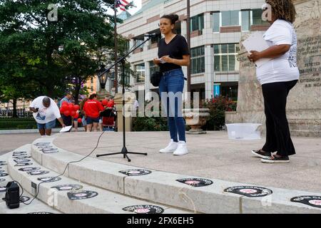 Morgan Harper, a Democratic Congressional Candidate for Ohio's 3rd District (Columbus), speaks to a crowd during a vigil against police brutality. Black Lives Matter advocates organized a Vigil for Victims of Police Brutality in front of the Ohio Statehouse in commemoration of the Anniversary of George Floyd's death at the hands of Minneapolis police a year ago. Cynthia Brown, a founder of the Ohio Heartbeat Movement, MC'ed the Vigil, and most speakers at the vigil were family or loved ones of individuals who had died because of police brutality. (Photo by Stephen Zenner/SOPA Images/Sipa USA Stock Photo