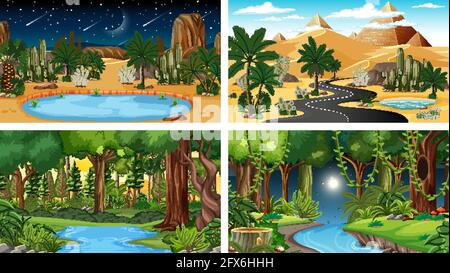 Four different nature horizontal scenes illustration Stock Vector