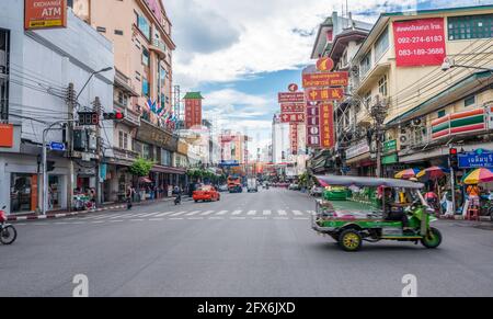 Bangkok, Thailand - Aug 7, 2015 The begining street of Chinatown or Yaowarat where you can meet foods and many things in Chinese style. Stock Photo