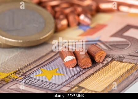 Copper raw materials and money macro view, trading and investing in metals Stock Photo