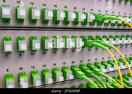 Optical distribution panel with optic cables at gigabit passive optical networks Stock Photo