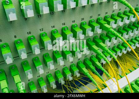Optical distribution panel with optic patch cord cables, gigabit passive optical networks Stock Photo