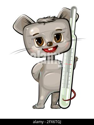 Mouse,Baby measure temperature. Children's medicine. Background cartoon illustration for children. Cheerful animal. Pharmacy pediatrics. Flat design. Stock Vector