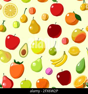 The most popular different fruits are fruit trees. Seamless background image. Cartoon flat style. Apples, pears, plums, bananas, oranges, lemons, Stock Vector