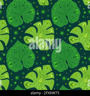 Tropical pattern with liana and monstera leaves with folk pattern on green background with dots. Natural vector texture with foliage. Jungle wallpaper Stock Vector