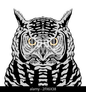 Owl head with predatory eyes. Realistic wild bird portrait. Front view. Vector isolated illustration on white background Stock Vector