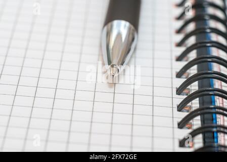 Ballpoint pen on the background of a sheet of checkered paper.Close up,macro shot. Stock Photo