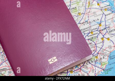 passport over USA map. Focus on the North American continent. Emigration, travel, destination concept.Top view. Stock Photo