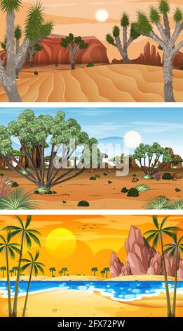 Three different nature horizontal scenes illustration Stock Vector