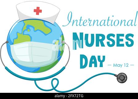 Happy international nurses day font with the earth wearing mask illustration Stock Vector