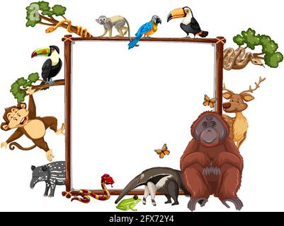 Empty banner with wild animals on white background illustration Stock Vector