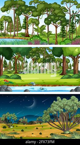Three different nature horizontal scenes illustration Stock Vector