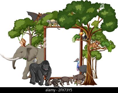 Empty banner with wild animals and rainforest trees on white background ...