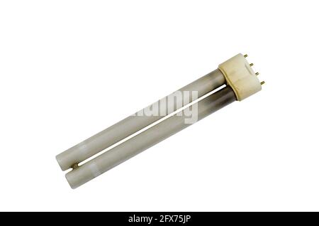 Burnt-out  fluorescent lamp on a white background. An old electric lamp for a table lamp. Stock Photo