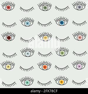 Eye seamless pattern. Vector hand drawn. Open and close eyes with lash background Stock Vector