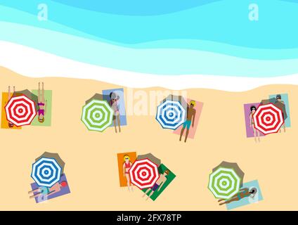 Social distancing on beach for Covid-19. Vector background for poster. Beach and sea with umbrella and people tanning at the sea,  flat view Stock Vector