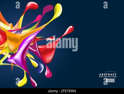 Splashes of ink with colorful drops in abstract shape on dark background Stock Vector