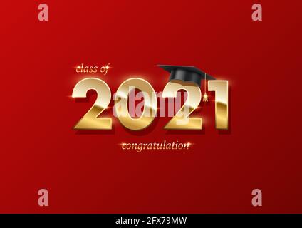 2021 graduation ceremony banner. Award concept with academic hat, golden numbers and text on red background Stock Vector