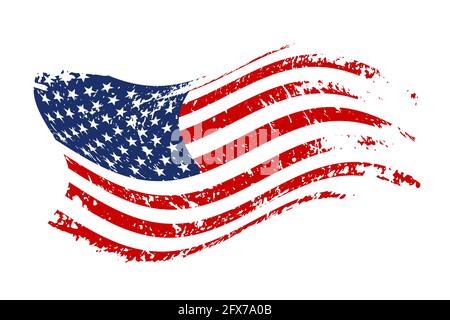 Grunge waving American flag isolated on white background. Scretched USA national symbol. Vector design element Stock Vector