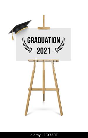 2021 graduation ceremony banner. Award concept with academic hat, easel and text on white paper placard Stock Vector
