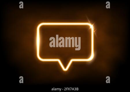 Glowing gold neon speech bubble sign. Electric light rectangle frame isolated on dark background with fog. Vector yellow design element Stock Vector