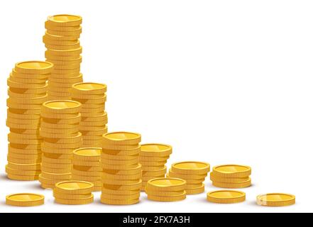 Gold coin stacks mockup vector illustration. Cash heap, wealth isolated on white background. Banking service, money loan. Successful investment, jackp Stock Vector