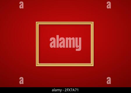 Golden frame for picture on red background. Gold border on blank space for picture, painting, card or photo. 3d realistic modern bright template mock Stock Vector