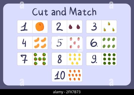 Flash cards with numbers for kids, set 5. Cut and match pictures with numbers and fruits. Illustration for educational math game design. Printable worksheet. Cartoon vector template. Stock Vector