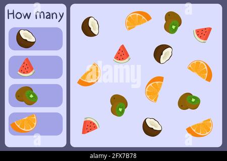 Kids mathematical mini game - count how many fruits - coconut, watermelon, kiwi, orange. Educational games for children. Cartoon design template on colorful backdrop. Vector graphic. Stock Vector