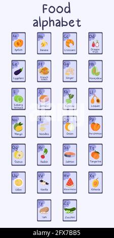 Colorful food alphabet A to Z. Vector illustration template. Food themed cards for teaching with foods, vegetables, fruits, nuts. Collection 8. Stock Vector