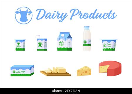 Colorful Milk products Set. Yogurt, cheese, butter, sour cream, milk pack. Vector Farm meals template for logo, menu, web, stickers, prints Stock Vector