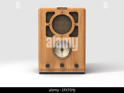 A vintage radio from 1930 made of speaker cloth chrome and wood on an isolated white studio background - 3D render Stock Photo
