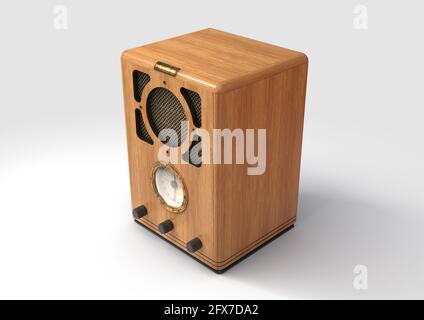 A vintage radio from 1930 made of speaker cloth chrome and wood on an isolated white studio background - 3D render Stock Photo