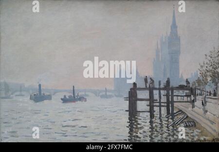 The Thames below Westminster by French Impressionist painter Claude Monet at the National Gallery, London, UK Stock Photo