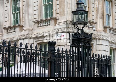 London. UK- 05.23.2021.  Downing Street in Whitehall, City of Westminster, the location of the Prime Minister's office and residence in number 10. Stock Photo