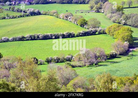 A high angle view of English countryside from the British Camp, an Iron Age hill fort in the Malvern Hills, United Kingdom Stock Photo