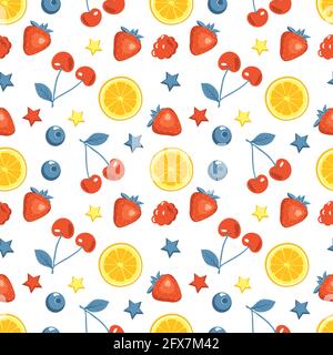 Cute summer seamless pattern with cherries, strawberries and lemons or oranges. Vibrant print for textiles, wrapping paper and designs Stock Vector