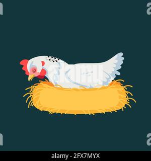 Cartoon hen is sleeping. White Chicken is hatching the egg in the coop. Vector illustration Stock Vector